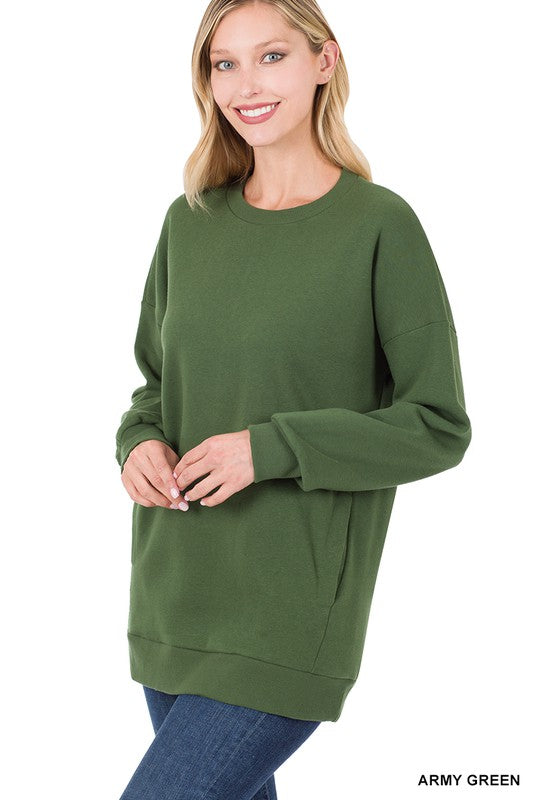 Long Sleeve Round Neck Sweatshirt Side Pockets FREE SHIPPING
