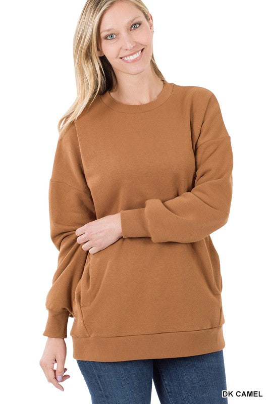 Long Sleeve Round Neck Sweatshirt Side Pockets FREE SHIPPING