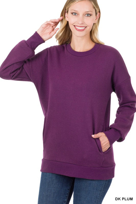 Long Sleeve Round Neck Sweatshirt Side Pockets FREE SHIPPING