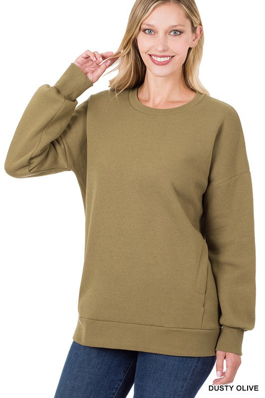 Long Sleeve Round Neck Sweatshirt Side Pockets FREE SHIPPING