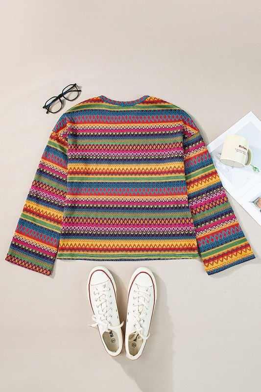Multicolor Jacquard Geo Long Sleeve T Shirt FREE SHIPPING