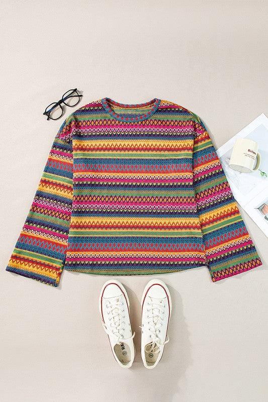 Multicolor Jacquard Geo Long Sleeve T Shirt FREE SHIPPING