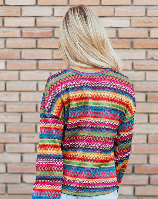 Multicolor Jacquard Geo Long Sleeve T Shirt FREE SHIPPING