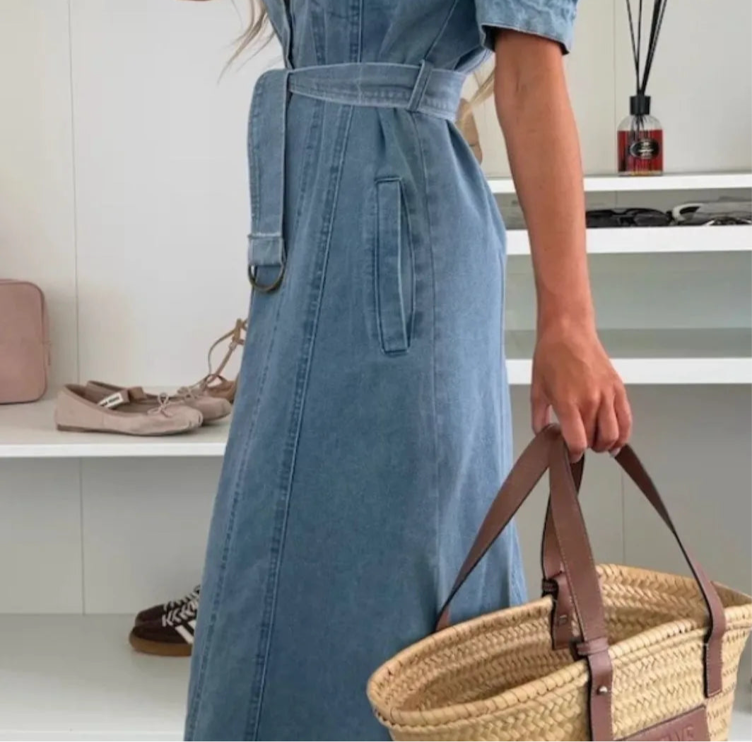 Button Down Belted Denim Midi Dress FREE SHIPPING