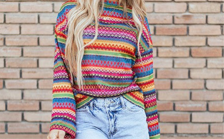 Multicolor Jacquard Geo Long Sleeve T Shirt FREE SHIPPING