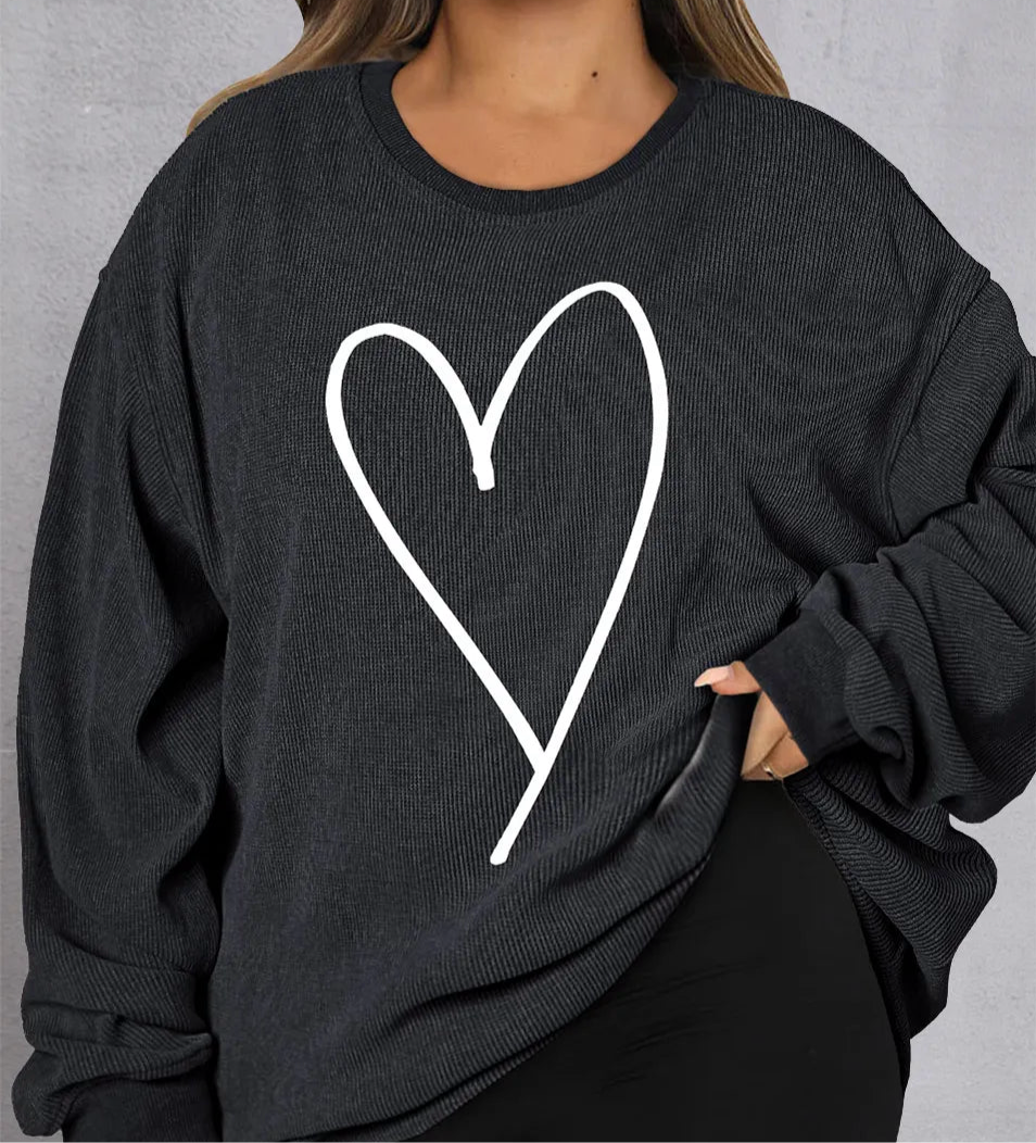 Plus Size Heart Ribbed Round Neck Sweatshirt FREE SHIPPING