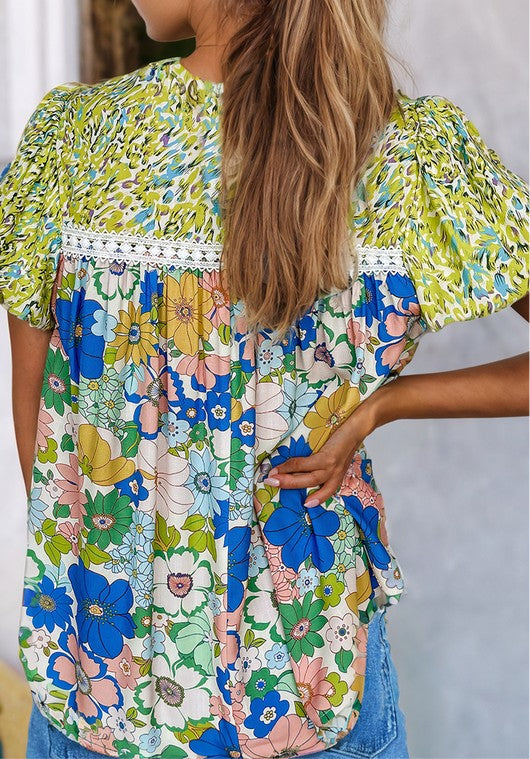 Bubble Sleeve Lace Trim Floral Mixed Print Blouse FREE SHIPPING