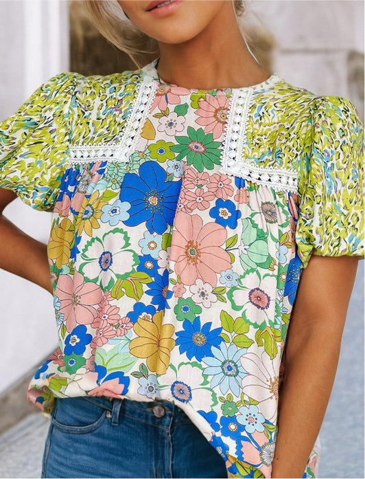 Bubble Sleeve Lace Trim Floral Mixed Print Blouse FREE SHIPPING