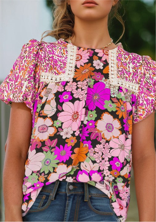 Bubble Sleeve Lace Trim Floral Mixed Print Blouse FREE SHIPPING