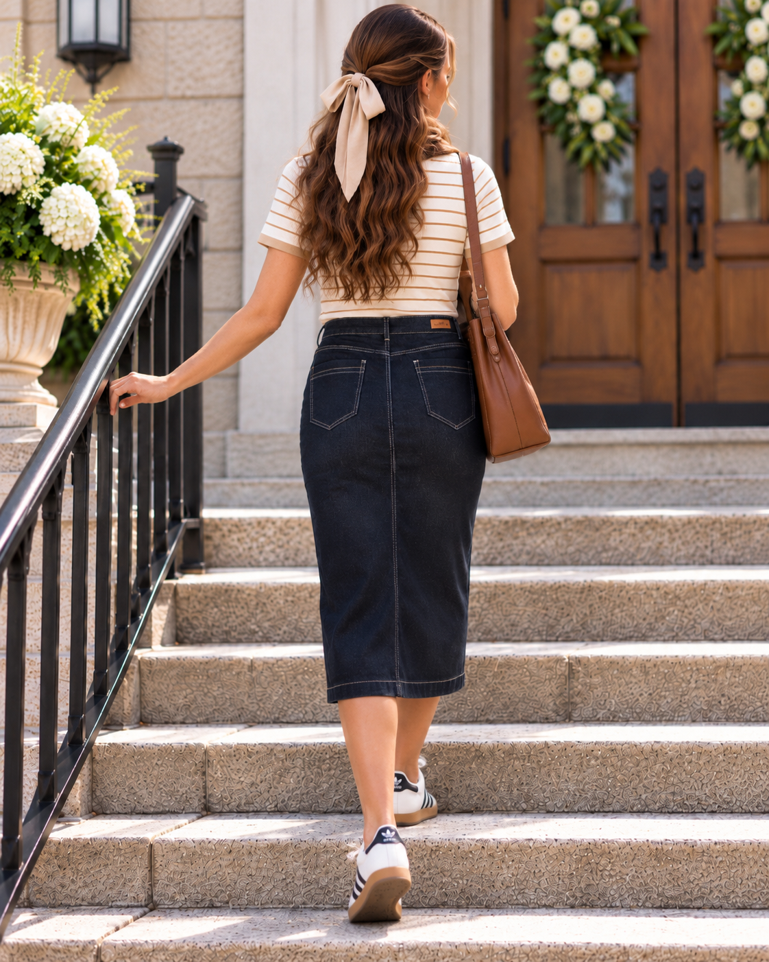 Be girl midi stretch denim blue jean skirt The Ella