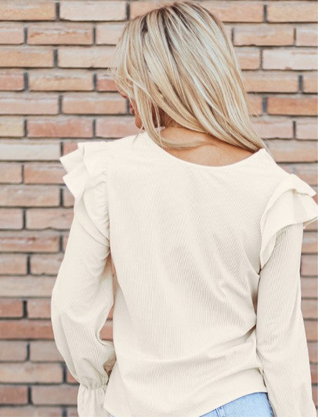 Beige Ruffled Flounce Sleeve Corduroy Blouse FREE SHIPPING
