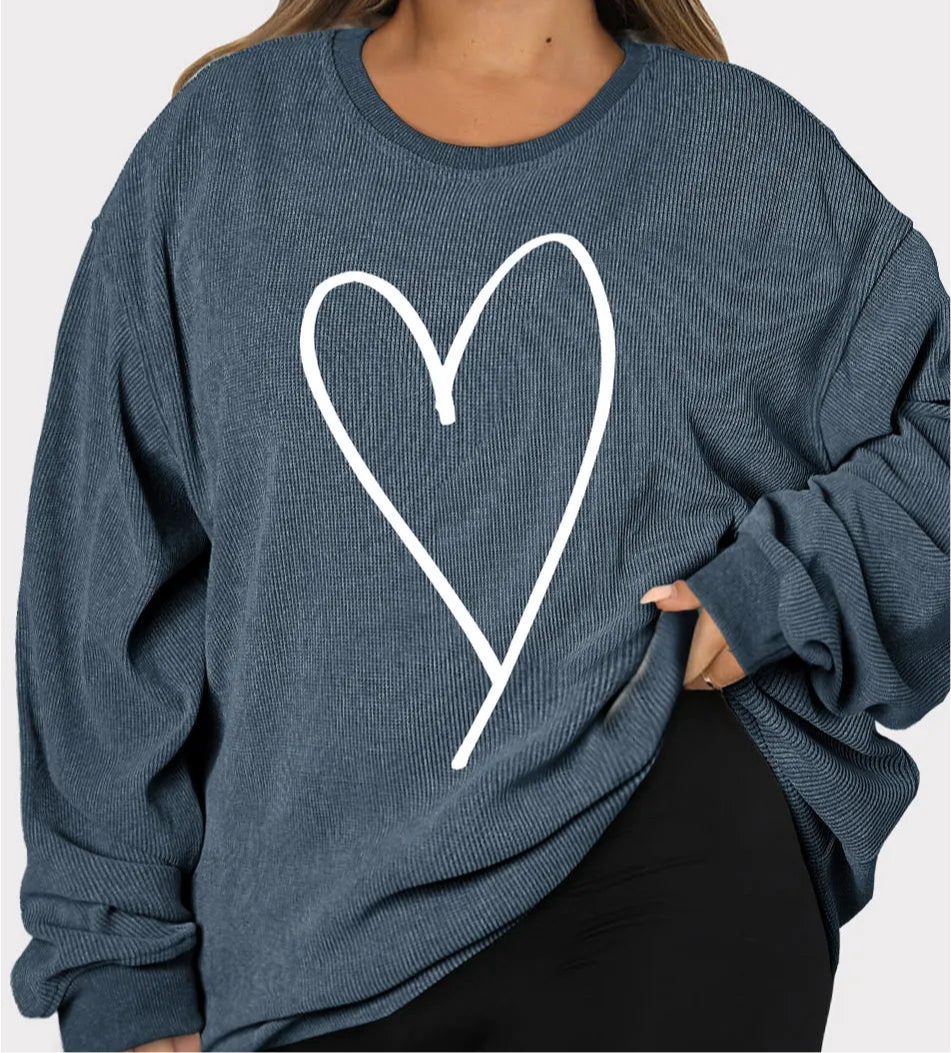Plus Size Heart Ribbed Round Neck Sweatshirt FREE SHIPPING