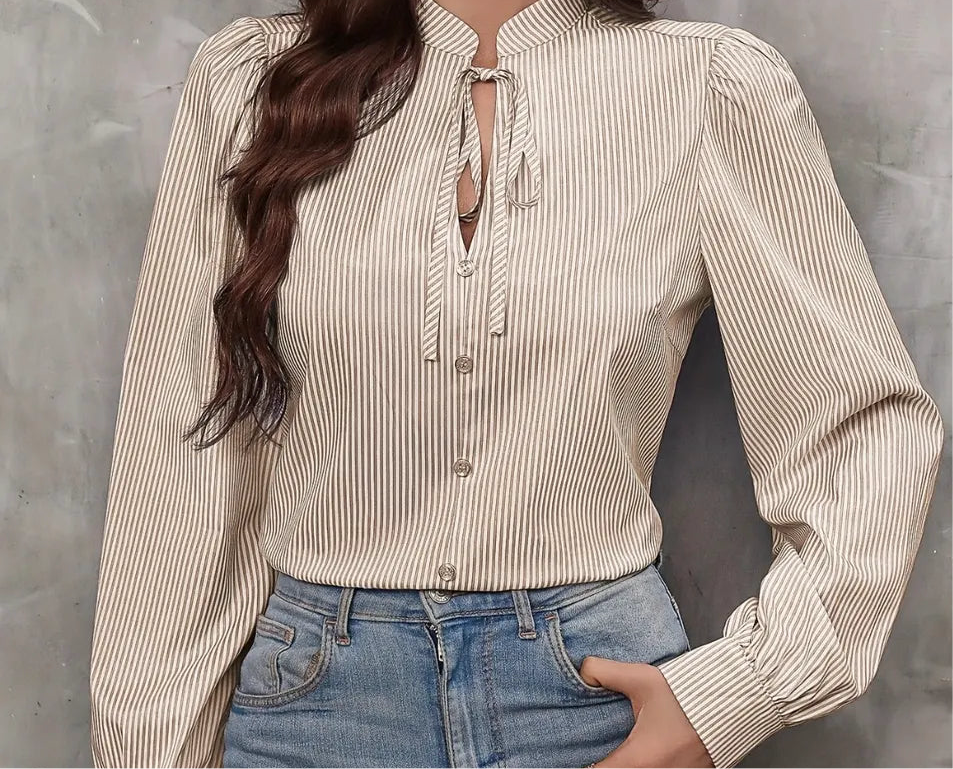 Tied Striped Long Sleeve Blouse