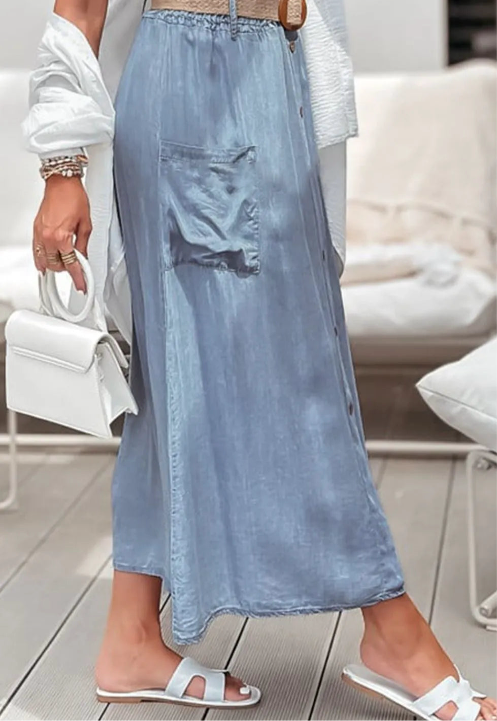 Frill Midi Skirt with Pockets