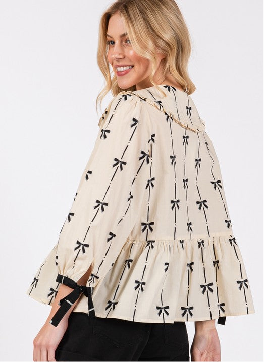 SAGE + FIG Bow Print Tie Front Babydoll Blouse JoJo Collection FREE SHIPPING