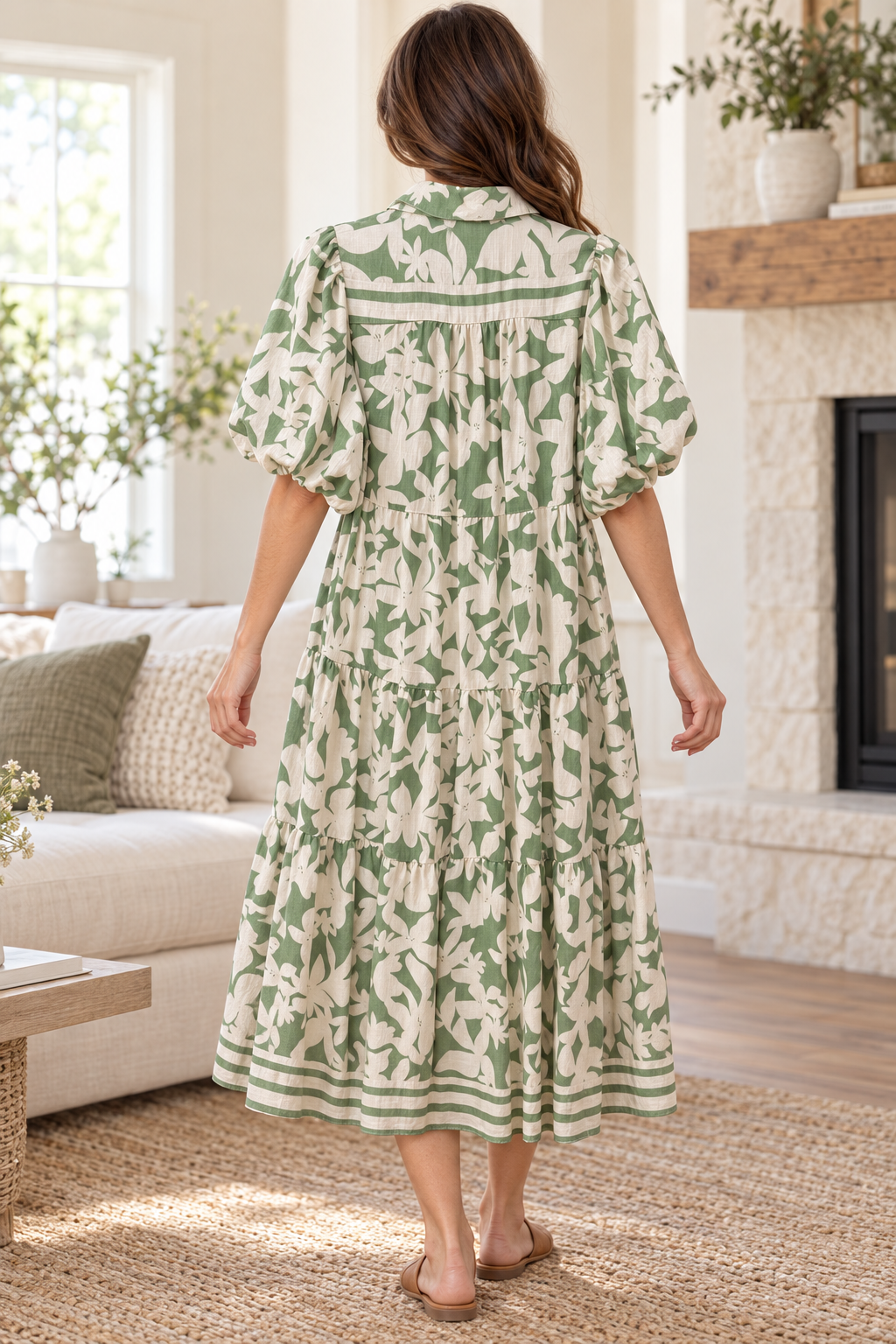 Umgee green cream floral midi