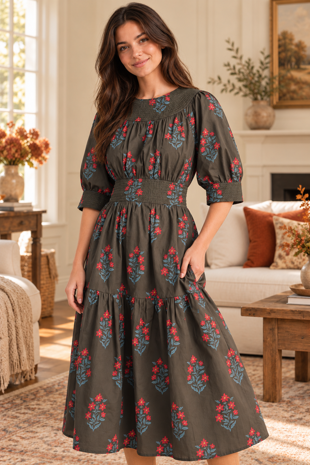 &Merci olive green floral pockets midi dress
