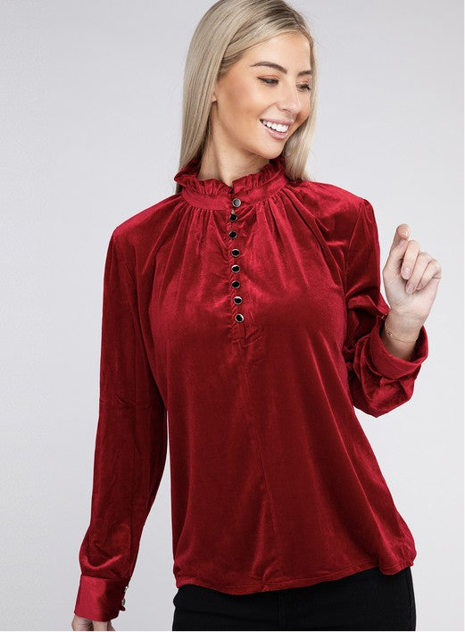 Frill Notched Neckline Velvet Blouse