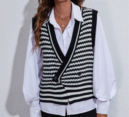 Striped Button Up V-Neck Sweater Vest