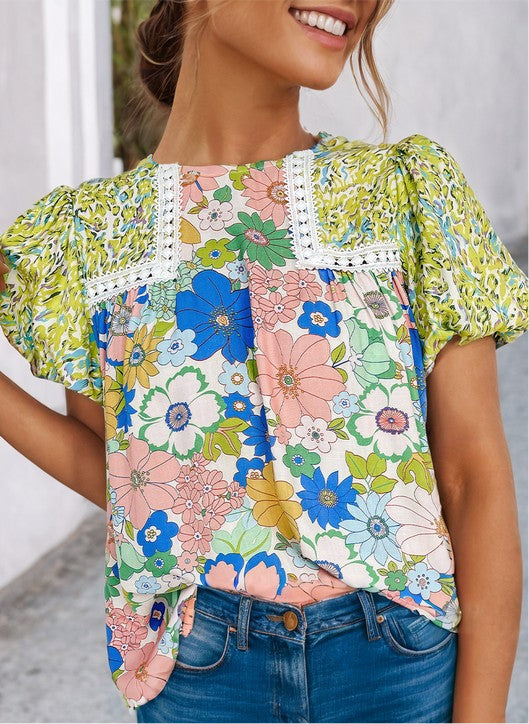 Bubble Sleeve Lace Trim Floral Mixed Print Blouse