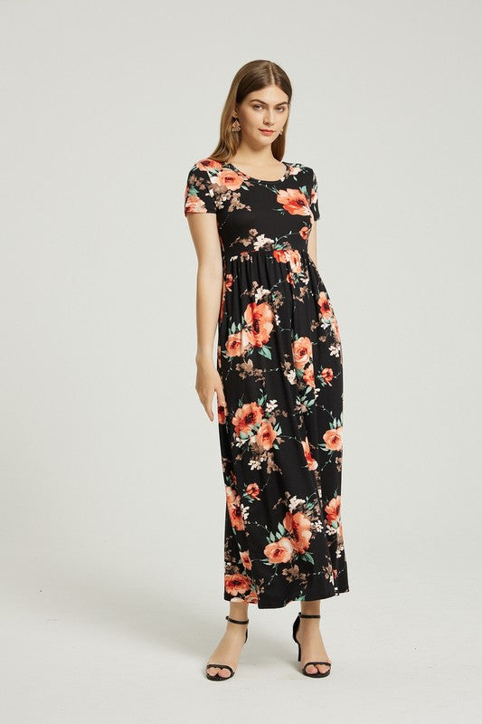 Hazel black  Floral Maxi Dress With Pocket