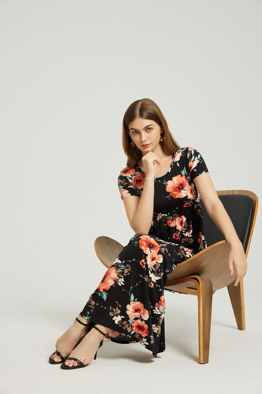 Hazel black  Floral Maxi Dress With Pocket