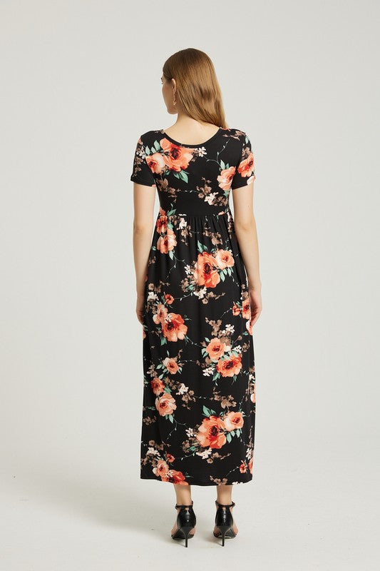 Hazel black  Floral Maxi Dress With Pocket