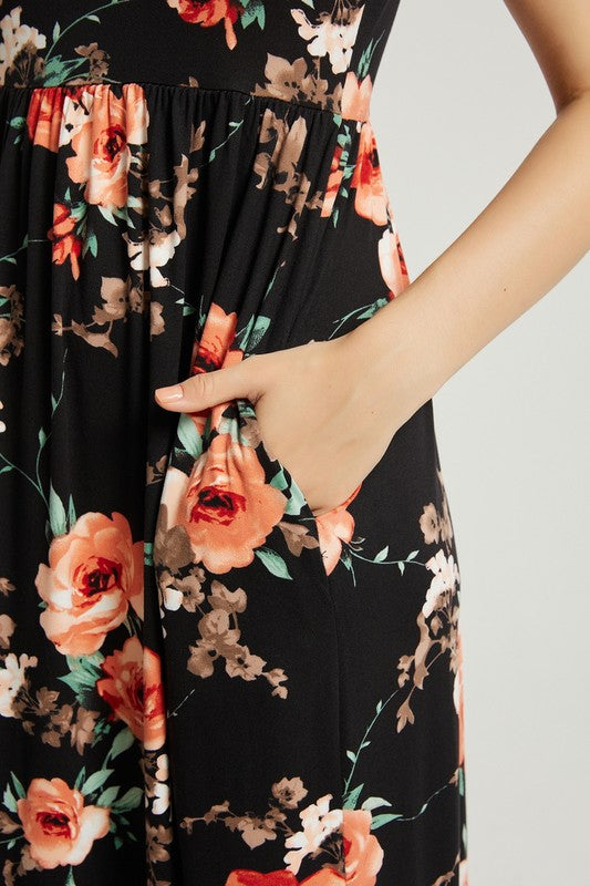 Hazel black  Floral Maxi Dress With Pocket