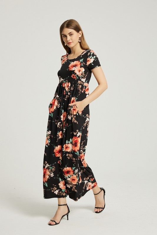 Hazel black  Floral Maxi Dress With Pocket