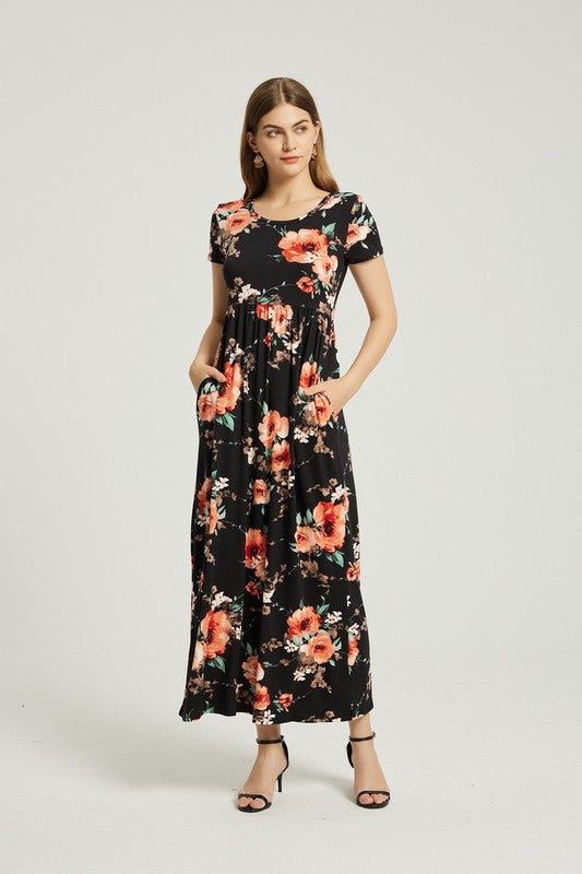 Hazel black  Floral Maxi Dress With Pocket