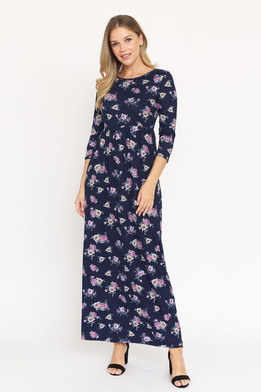 Bouquet Floral Quarter Sleeve Maxi Dress