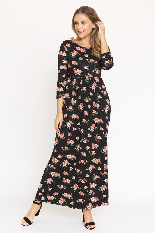 Bouquet Floral Quarter Sleeve Maxi Dress