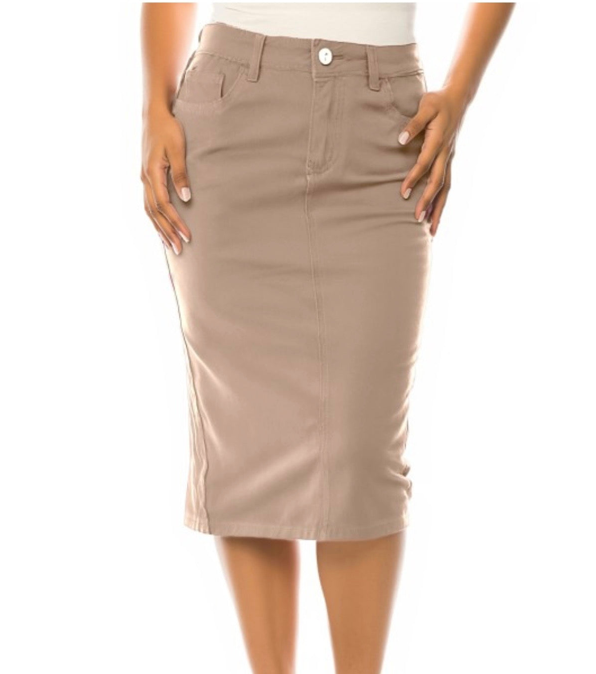Tan Be Girl Denim blue jean stretch midi skirt