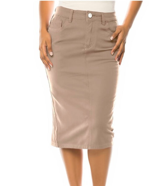 Tan Be Girl Denim blue jean stretch midi skirt