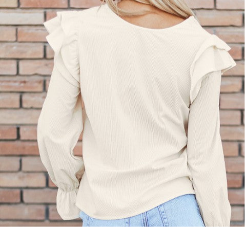 Beige Ruffled Flounce Sleeve Corduroy Blouse FREE SHIPPING