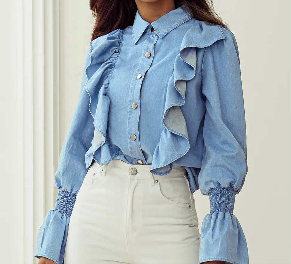 Ruffled Button Up Long Sleeve Denim Top