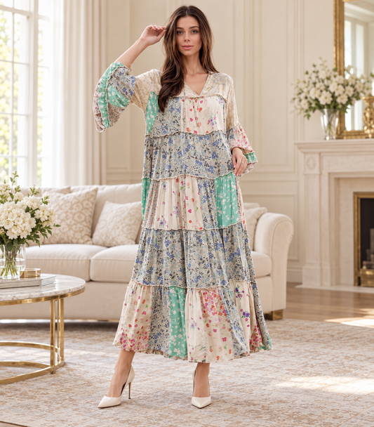 Bohemian Young Threads patchwork dress Green