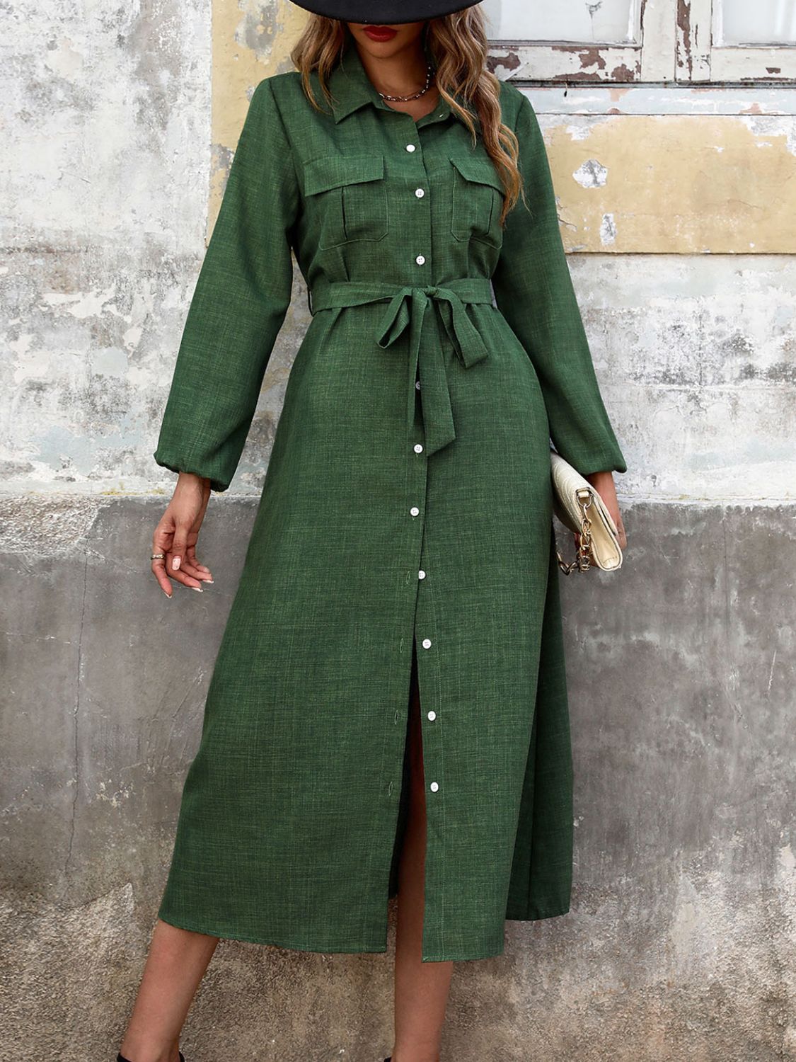 Paula Collared Neck Long Sleeve Midi Shirt Dress