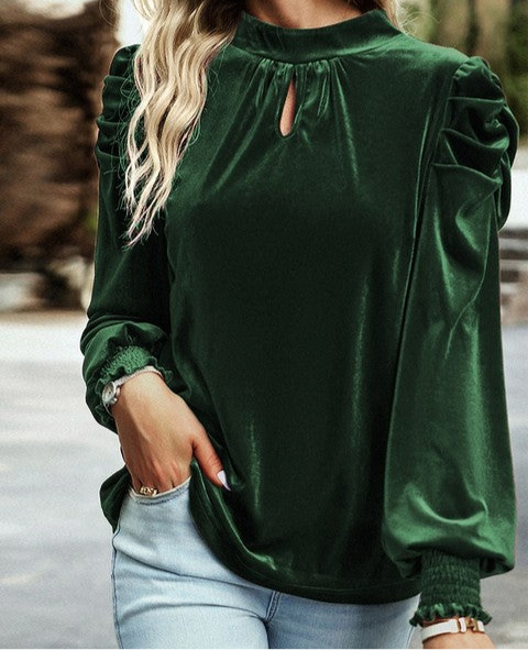 Puff Sleeve Key Hole Velvet Mock Smocked Blouse