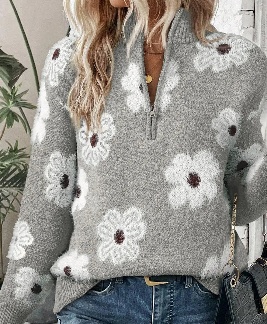 Flower Half Zip Long Sleeve Sweater