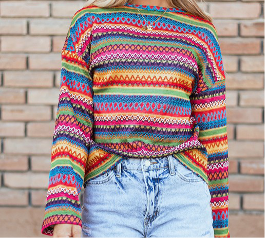 Multicolor Jacquard Geo Long Sleeve T Shirt