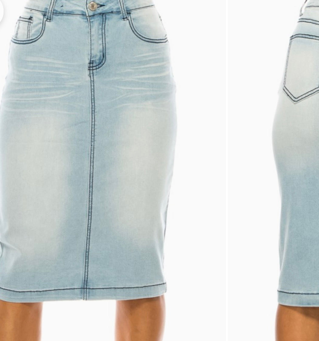 Light faded Be Girl midi denim skirt blue jean skirt SHIPPING INCLUDED