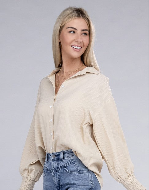 Dropped shoulder shirt in crinkle fabric