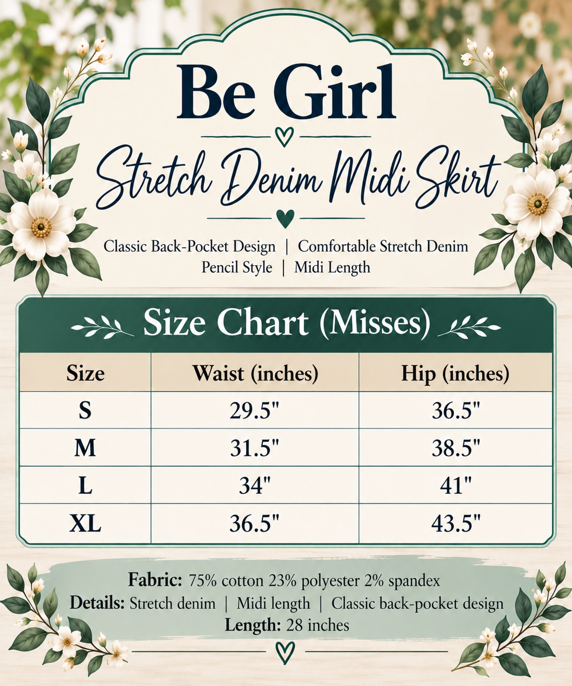 Be girl midi stretch denim blue jean skirt  The Ella