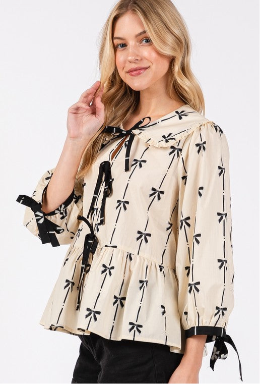SAGE + FIG Bow Print Tie Front Babydoll Blouse JoJo Collection FREE SHIPPING