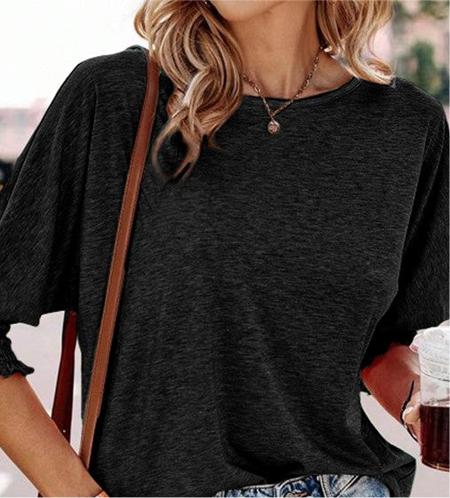 solid smocked oversized fall blouse top