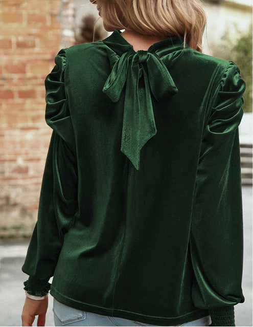 Puff Sleeve Key Hole Velvet Mock Smocked Blouse