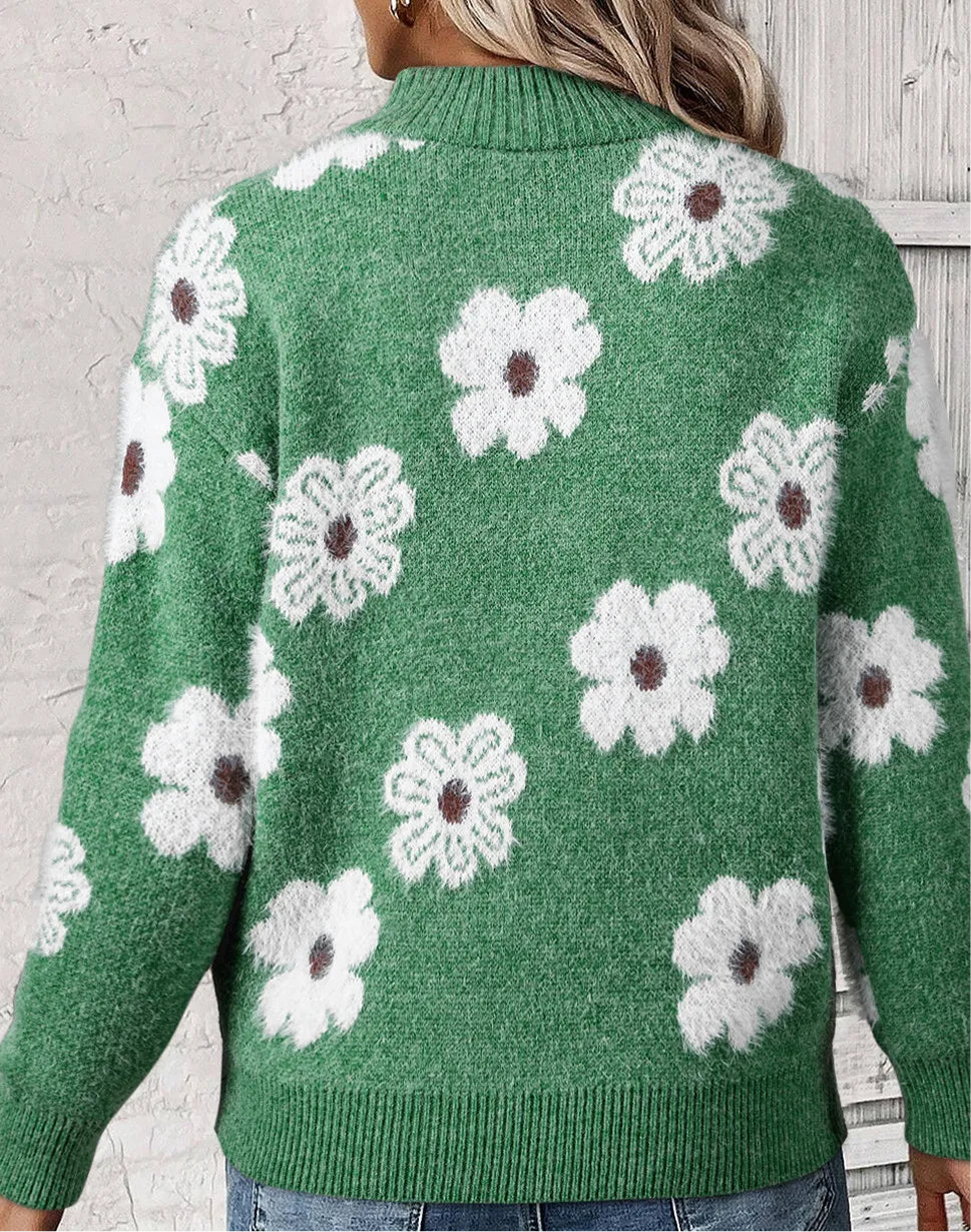 Flower Half Zip Long Sleeve Sweater