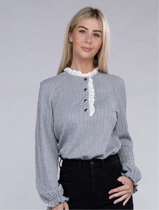 Lace Ruffle Trim Neck Knit Blouse