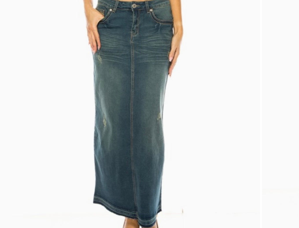 Be girl vintage wash long denim skirt blue jean